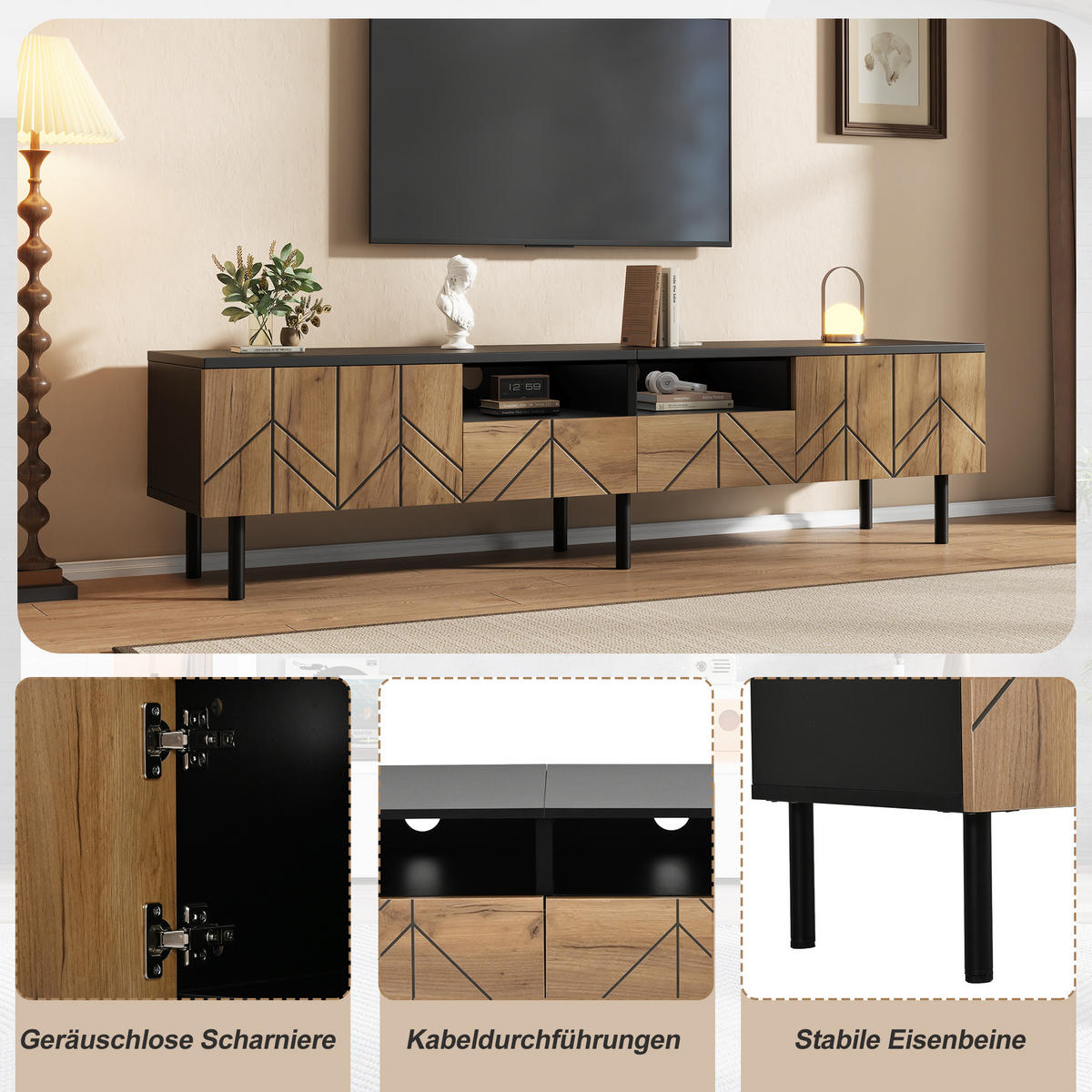 TV-SCHRANK 180cm Schubladen Türen Schwarz Holzoptik Lowboard - Multicolor, Holzwerkstoff (180/45/40cm) - FLIEKS