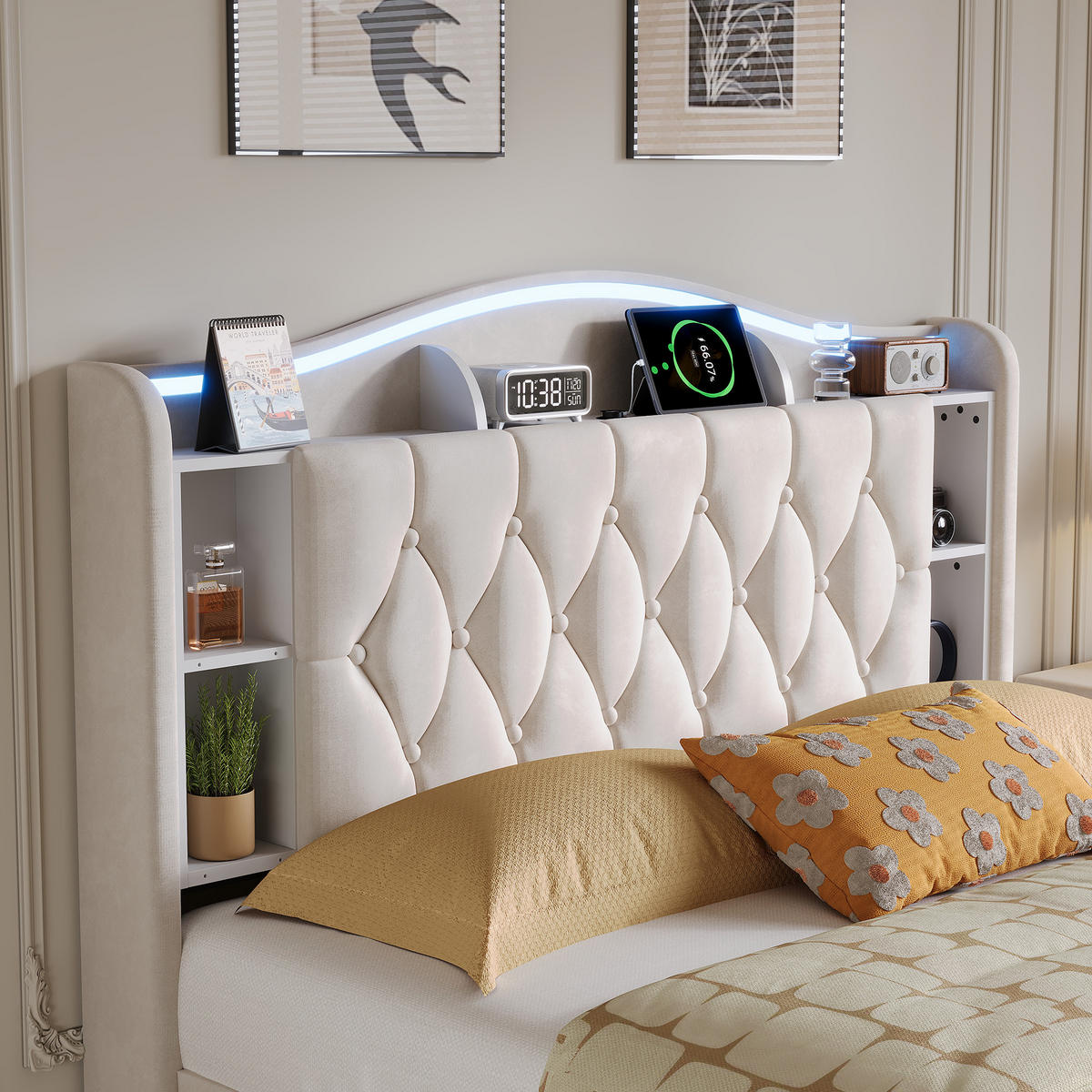 POLSTERBETT 140/190 cm beige mit Stauraum, LED und USB - Beige, Holz