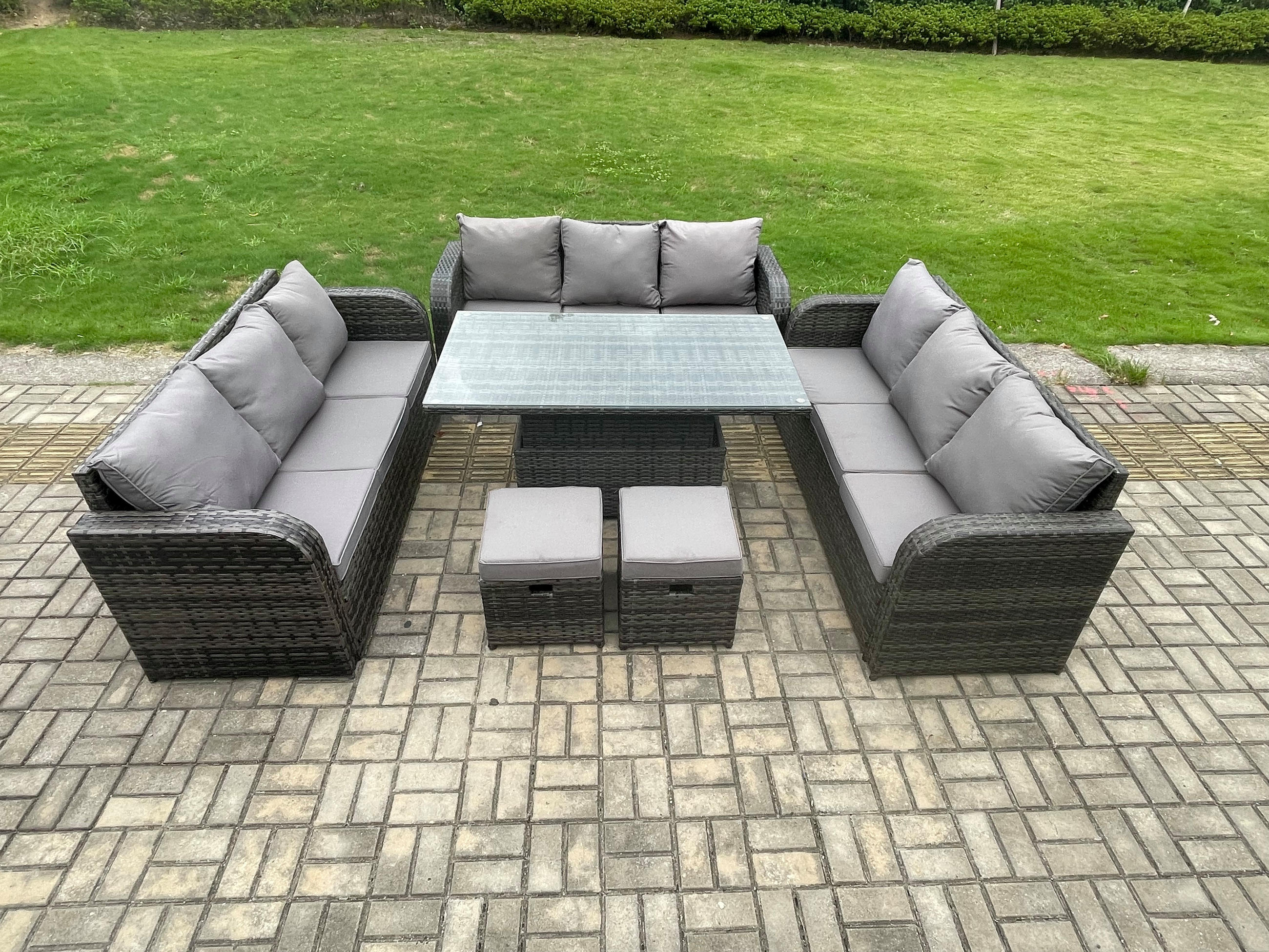 GARTENSOFA SET Polyrattan 11-Sitzer - Dunkelgrau/Grau, Glas/Kunststoff - Fimous