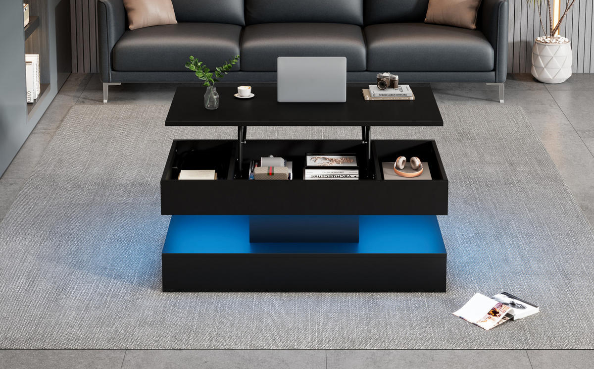 COUCHTISCH höhenverstellbar, Spanplatte schwarz, mit LED-App-Steuerung & Stauraum, 100/50/42 cm,schwarz - Schwarz, Holzwerkstoff (50/100/42cm) - Redom