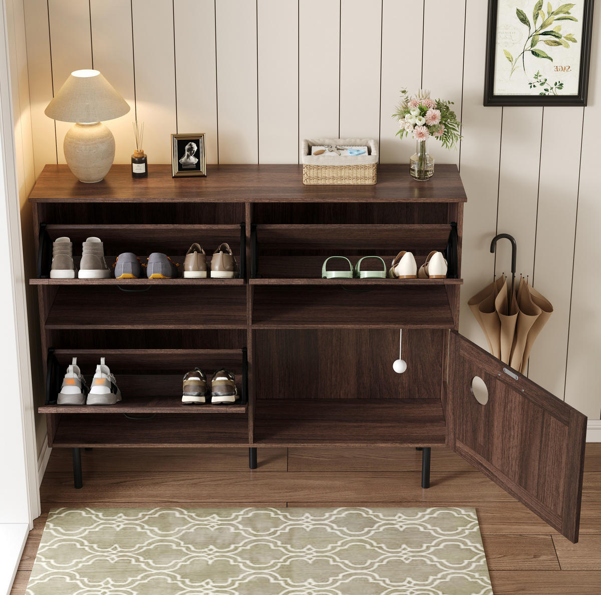 SCHUHSCHRANK 120/28/92 cm Walnussfarben aus Spanplatte mit 4 Türen - Naturfarben, Holzwerkstoff (120/92/28cm) - OKWISH