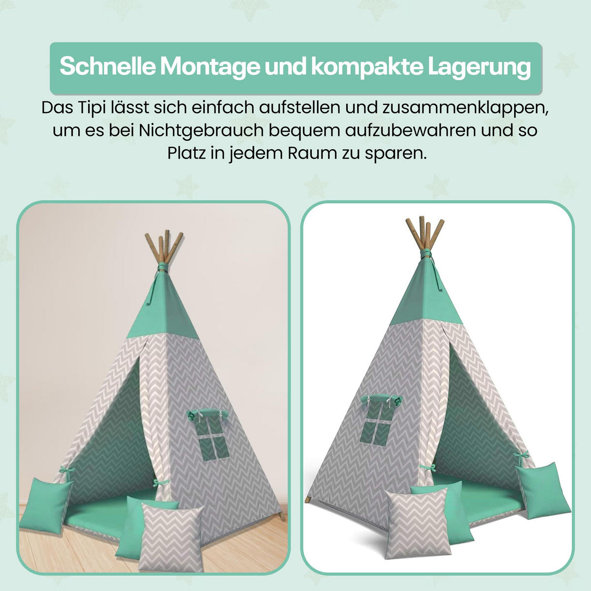 TIPI-ZELT 105 x 105 x 140 cm Zickzack grün mit weichen Kissen | Spielzelt für Kinderzimmer Indoor - Grün, Textil (105/105cm) - Best for Kids
