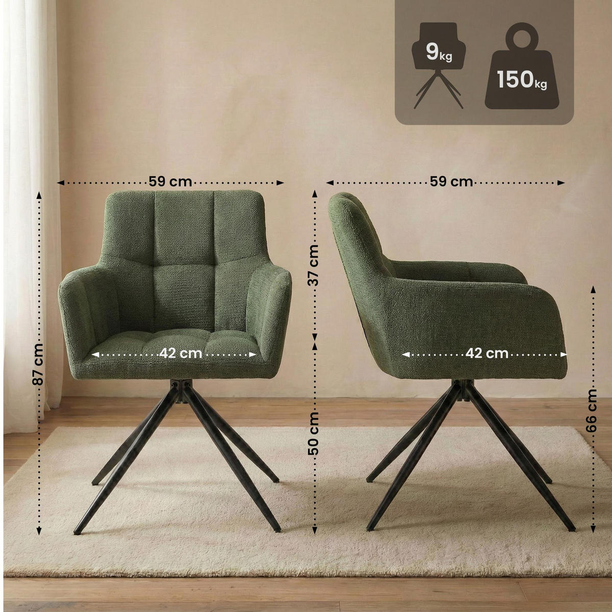 ARMLEHNENSTUHL Stoff Grün - Schwarz/Grün, Textil/Metall (59/87/59cm) - CLP