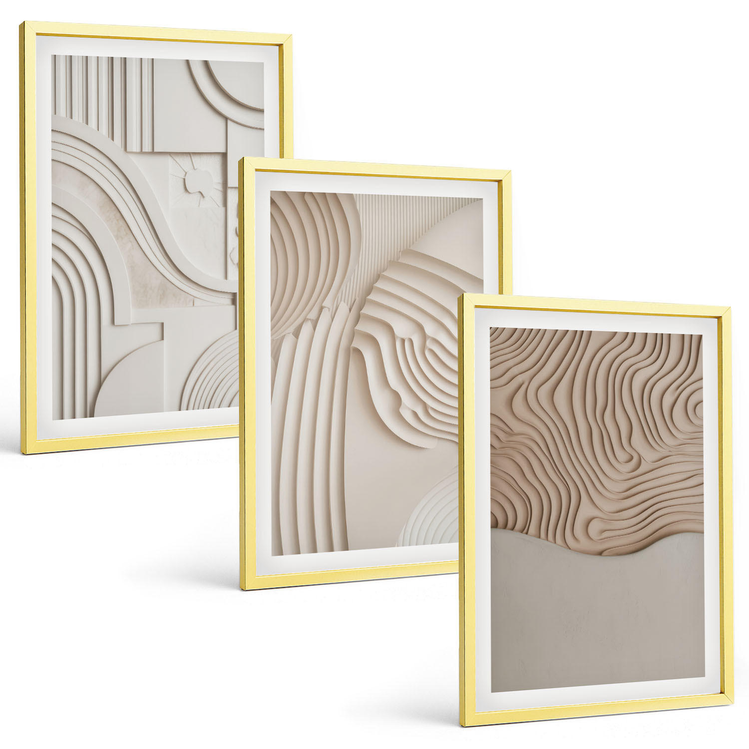 BILDER SET 3er Set - 40x60 cm Goldrahmen - Abstrakte Muster beige weiß - Goldfarben, Kunststoff (40/60cm) - TULUP