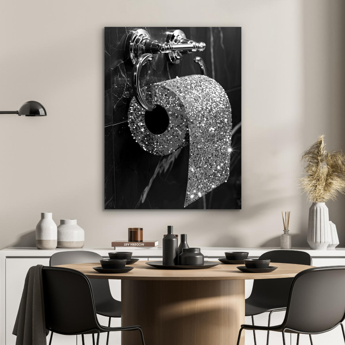 KOVOVÝ OBRAZ WC - toaletný papier - čiernobiely - trblietky 60x80 cm - strieborná, kov (60/80cm) - MuchoWow