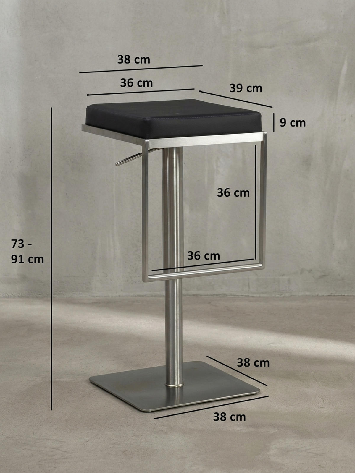 BARHOCKER – Schwarz, Kunstleder, Edelstahl, höhenverstellbar, drehbar, gepolstert, Modern - Silberfarben/Schwarz, Kunststoff/Textil (38/91/39cm) - KADIMA DESIGN