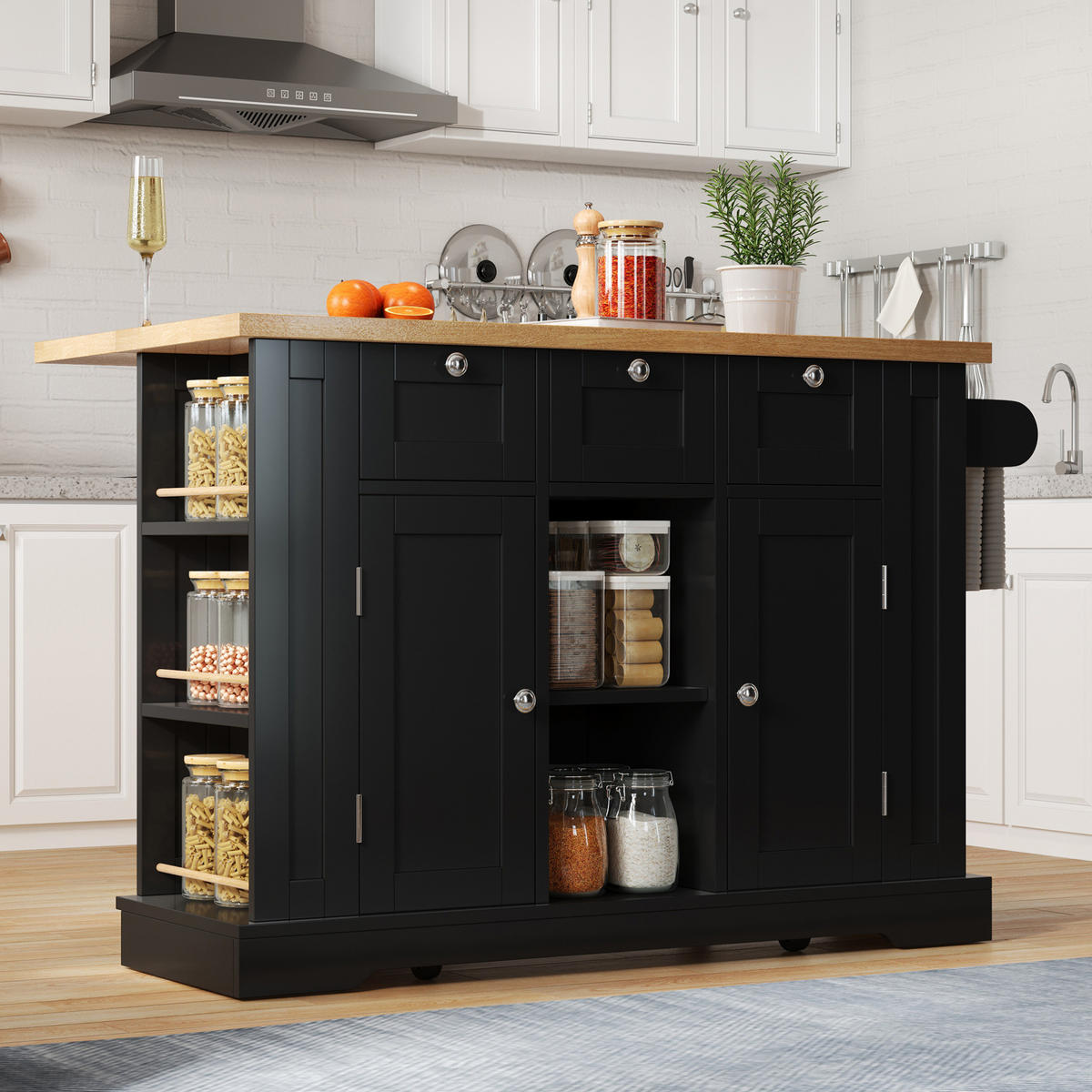 KÜCHENINSEL 132/87/40(70) cm Natur/Schwarz aus MDF mit klappbarer Arbeitsplatte - Schwarz, Holzwerkstoff (70/87/132cm) - OKMYHOME