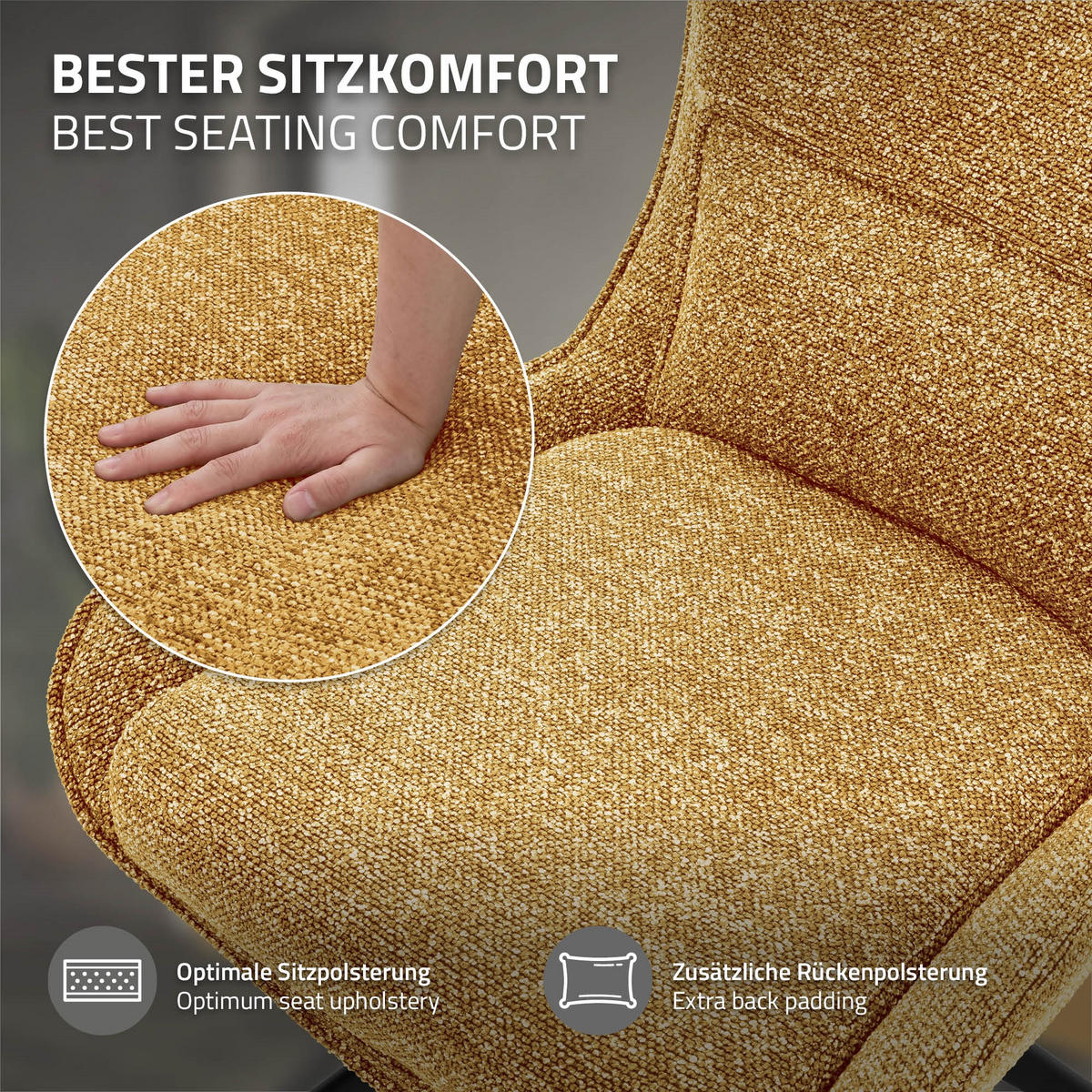 ESSZIMMERSTUHL drehbar Küchenstuhl gepolstert mit Webstoff-Bezug Senf - Dunkelgelb/Schwarz, Textil/Metall (54/90/64cm) - ML-DESIGN