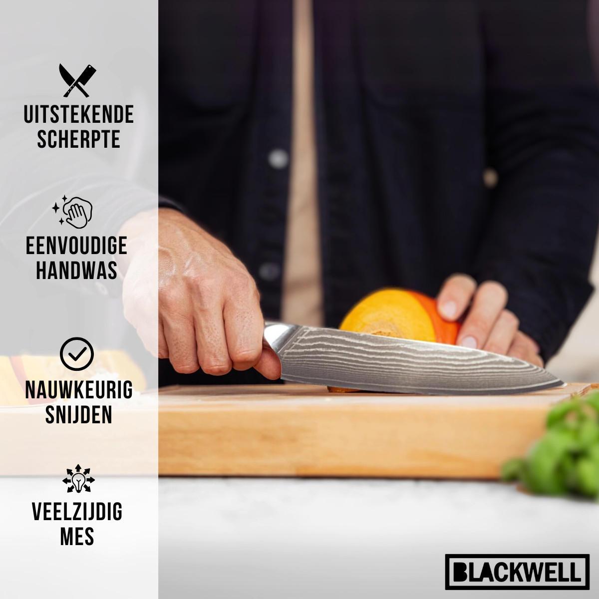 KOCHMESSER im japanischen Stil - 67-lagiger Damaststahl - VG10 - 20 cm - Silberfarben/Schwarz, Metall (1cm) - Blackwell