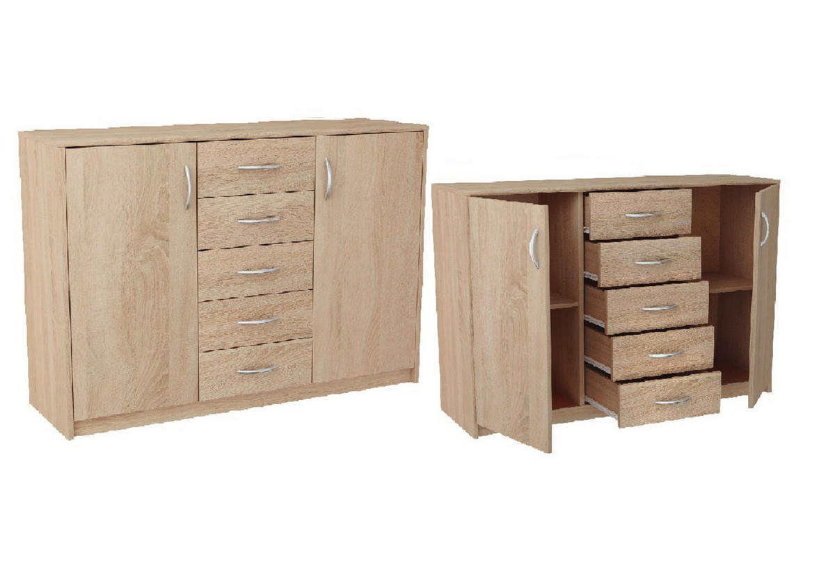 KOMMODE mit 5 Schubladen und 2 Türen in sonoma - Hellbraun, Holzwerkstoff (110/85/35cm) - Home Collective