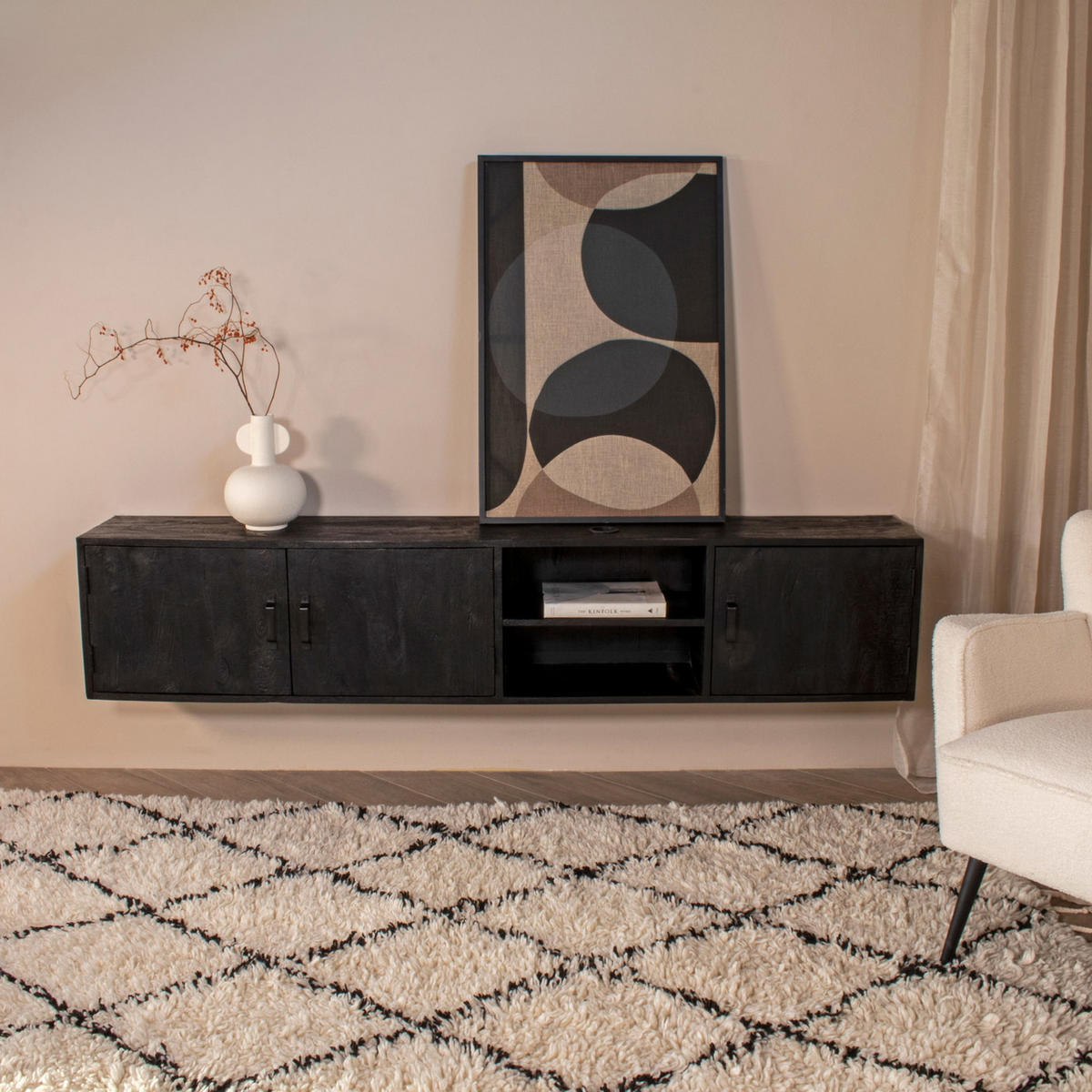 TV-MÖBEL Schwebend aus Mangoholz 200cm, schwarz - Schwarz, Holz (200/40/30cm) - Giga Meubel