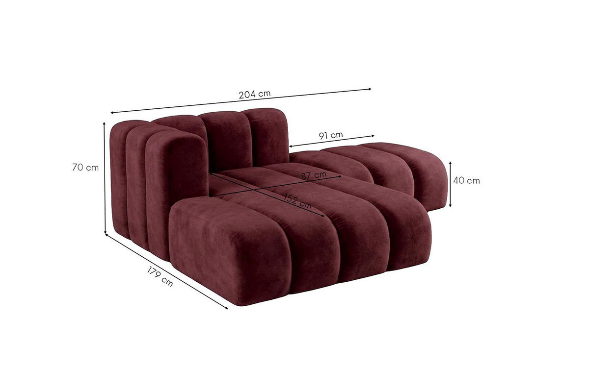 CHAISELONGUE Modulare Mit Hocker, Velvet-Stoff Riviera, Rotwein, Links, GRAND - Dunkelrot, Holz (204/179cm) - Kaiser Möbel