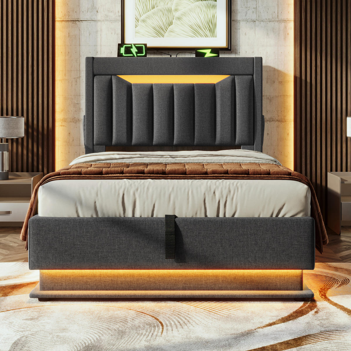 POLSTERBETT 90/200 cm Grau aus Leinen mit LED, USB/Typ-C und Bettkasten mit Matratze - Grau, Textil (90/200cm) - OKWISH