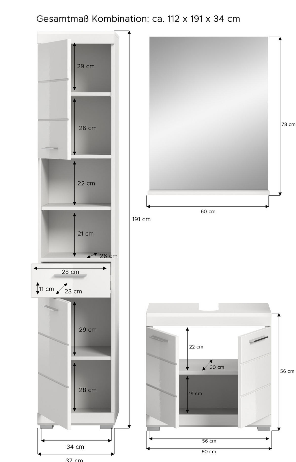 BADMÖBEL-SET weiß Hochglanz 3-teilig 112 cm, Komplettset mit viel Stauraum - Weiß Hochglanz, Glas/Holzwerkstoff (112/191/34cm) - Inn.Furn