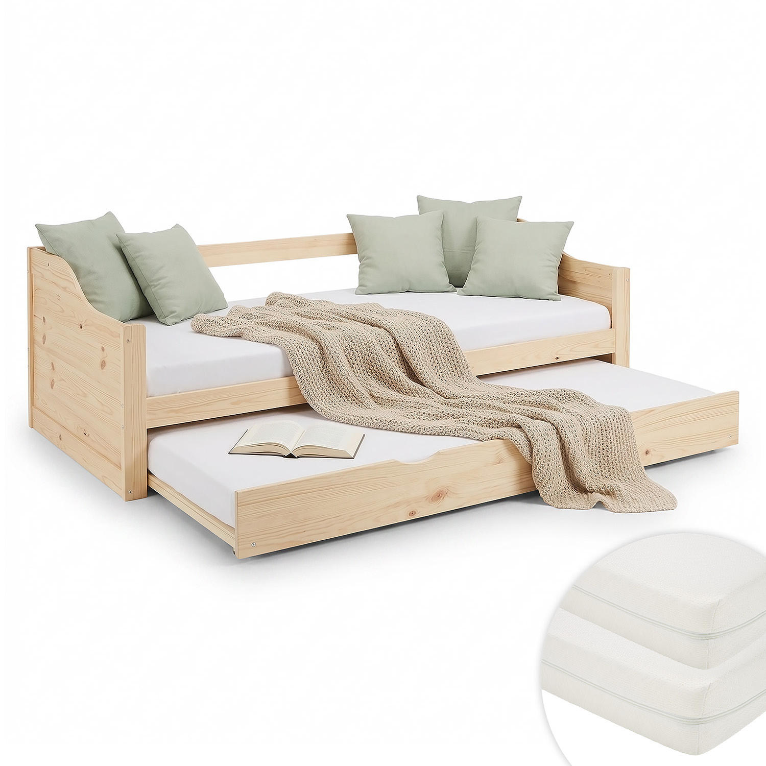 AUSZIEHBETT mit Matratze 90/200 cm Natur - Naturfarben, Holz (90/200cm) - Homestyle4u