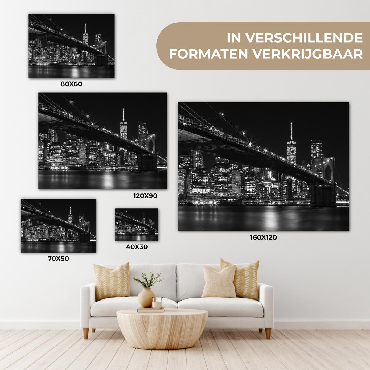 LEINWANDBILD New York - Brooklyn - Brücke 40x30 cm - Schwarz, Textil (40/30cm) - MuchoWow