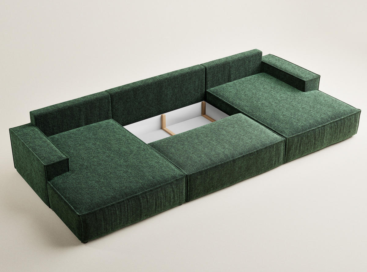 WOHNLANDSCHAFT Kyoto Dunkelgrün Chenille-Stoff - Dunkelgrün/Schwarz, Holz/Holzwerkstoff (398/70/148cm) - Maison de Reve