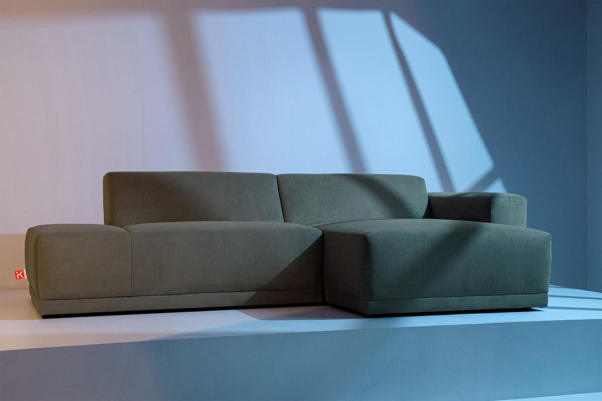 ECKSOFA-RECHTS MUDI in moderner Optik mit hochwertigem Kaltschaum, Cord-Stoff, khaki - Schwarz/Grün, Textil (280/160cm) - KONSIMO®