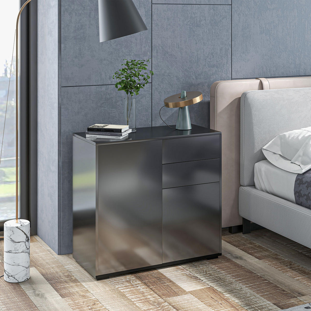 SIDEBOARD DE-11109 2 Schubladen Schwarz Hochglanz - Schwarz, Holzwerkstoff (79/74/36cm) - ComfortXL