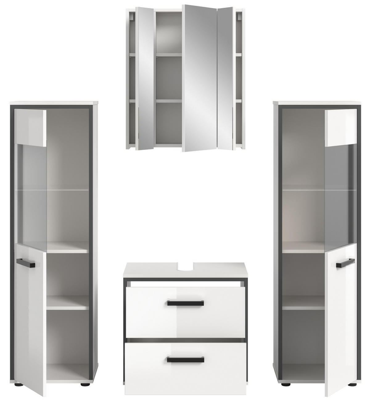 BADMÖBEL-SET 4-teilig 170 cm weiß Hochglanz, grau, Badezimmerschränke mit viel Stauraum - Weiß Hochglanz/Schwarz, Glas/Holzwerkstoff (170/190/37.5cm) - Inn.Furn