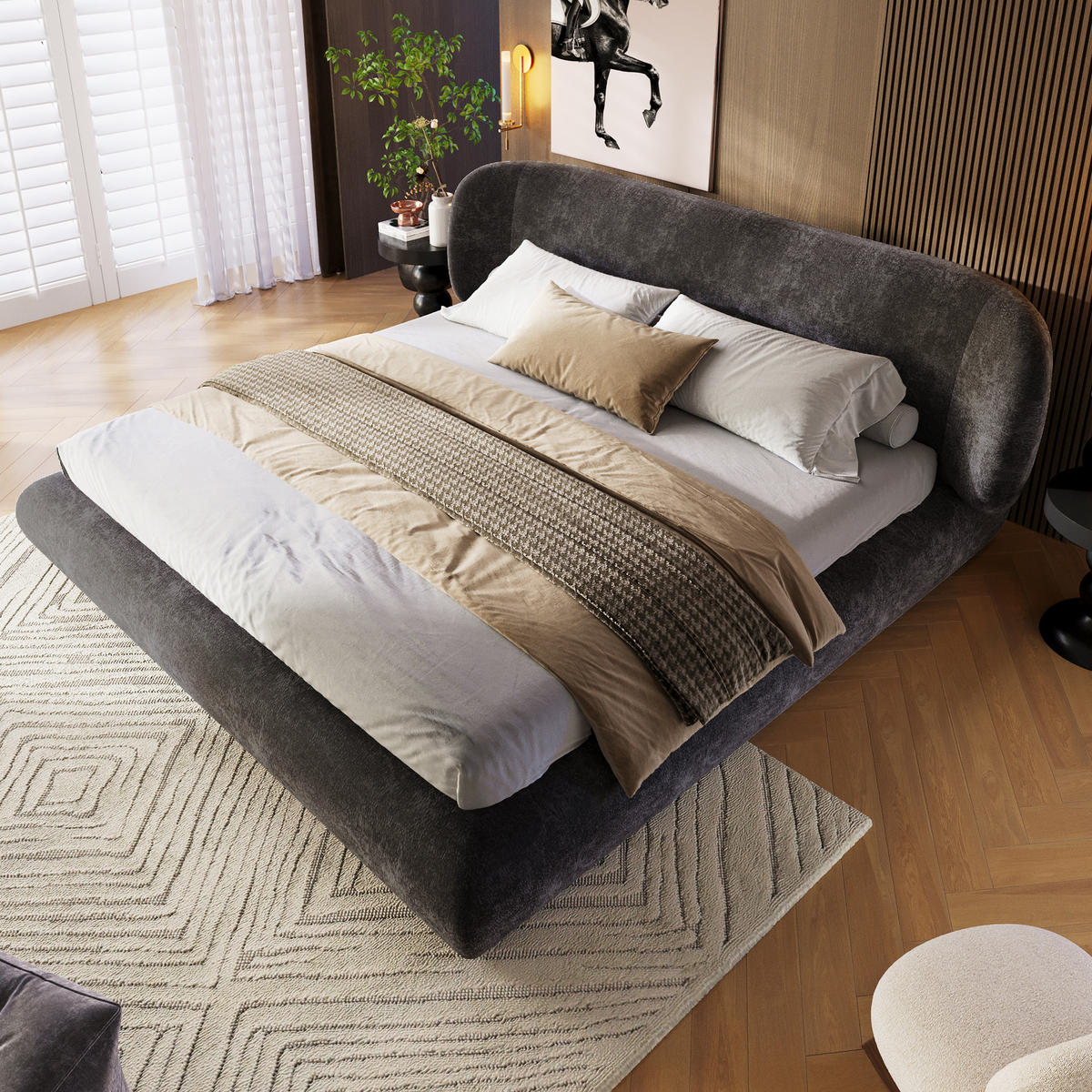 POLSTERBETT aus Chenille 160x200 cm Grau mit Lattenrost und gepolstertem Kopfteil - Grau, Textil (160/200cm) - Modfu