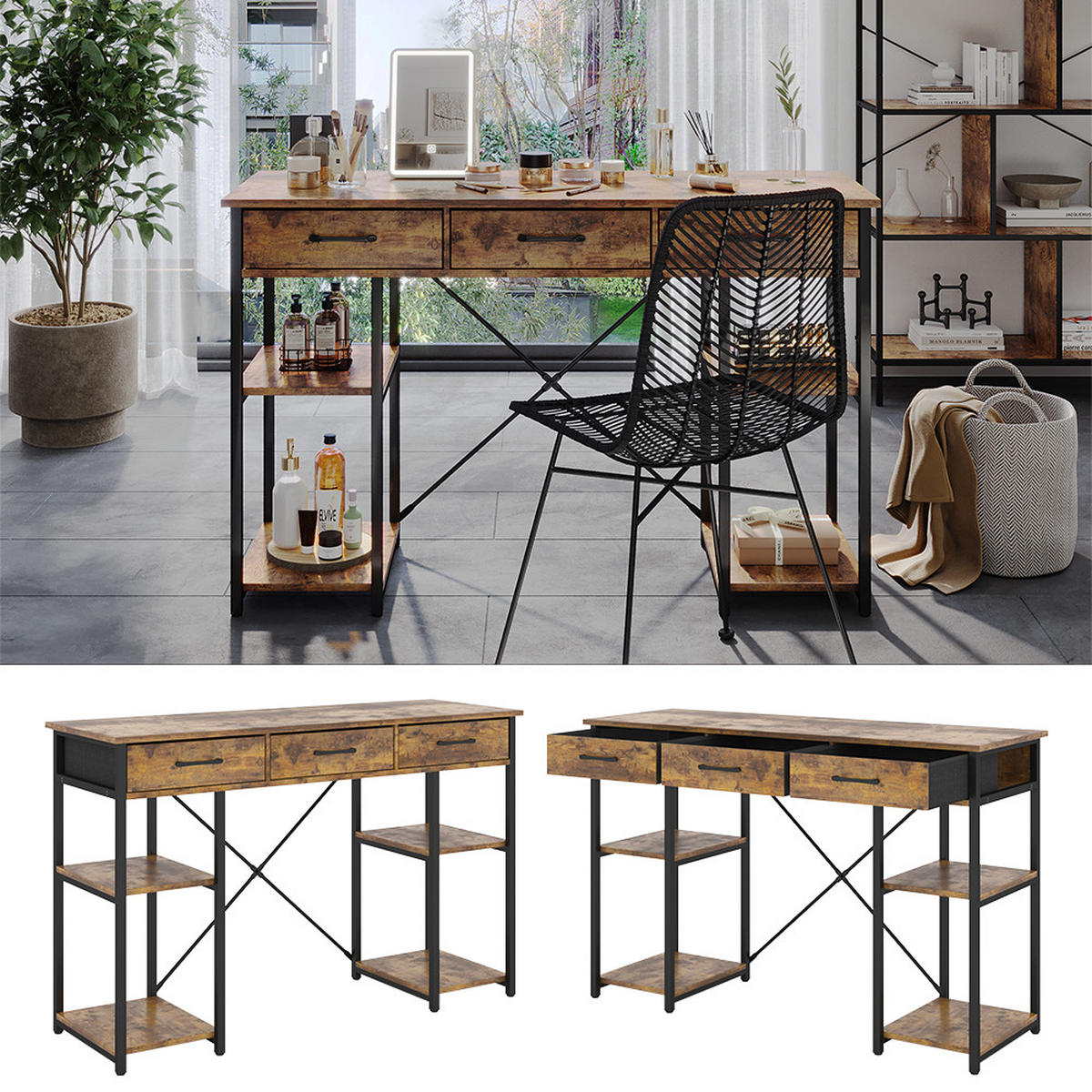 SCHMINKTISCH Chino Eiche rustikal 120 cm mit Schubladen - Wildeiche, Holzwerkstoff (40/120/78cm) - Vicco
