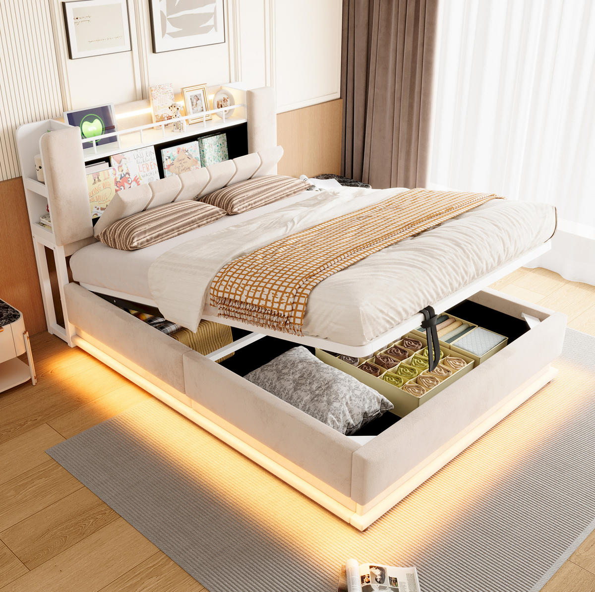 POLSTERBETT 140x200 cm Beige mit Samtbezug, LED-Beleuchtung, USB-Anschlüssen und Stauraum - Beige, Textil (140/200cm) - Modfu