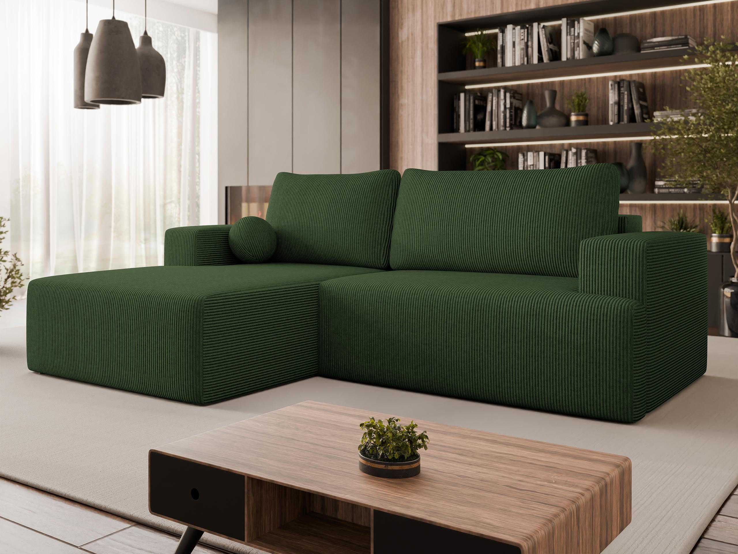 ECKSOFA Mivo Cord, Seite: Links - Schwarz/Grün, Holz/Kunststoff (266/163cm) - MIRJAN24