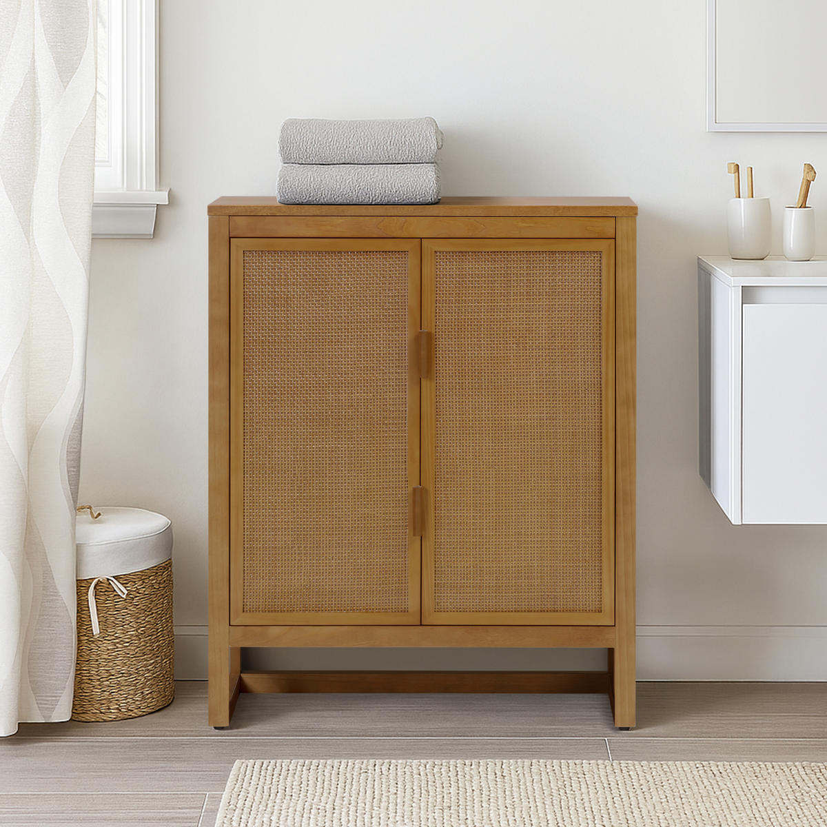 AKZENT-SCHRANK, 2 Rattan Türen, 71cm, Braun - Braun, Holz (71/86/30cm) - Teamson Home