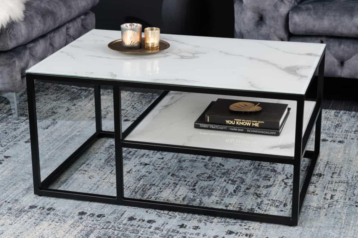 COUCHTISCH BOUTIQUE Marmor rechteckig Weiß 90cm - Schwarz/Weiß, Glas/Metall (60/90/45cm) - riess-ambiente