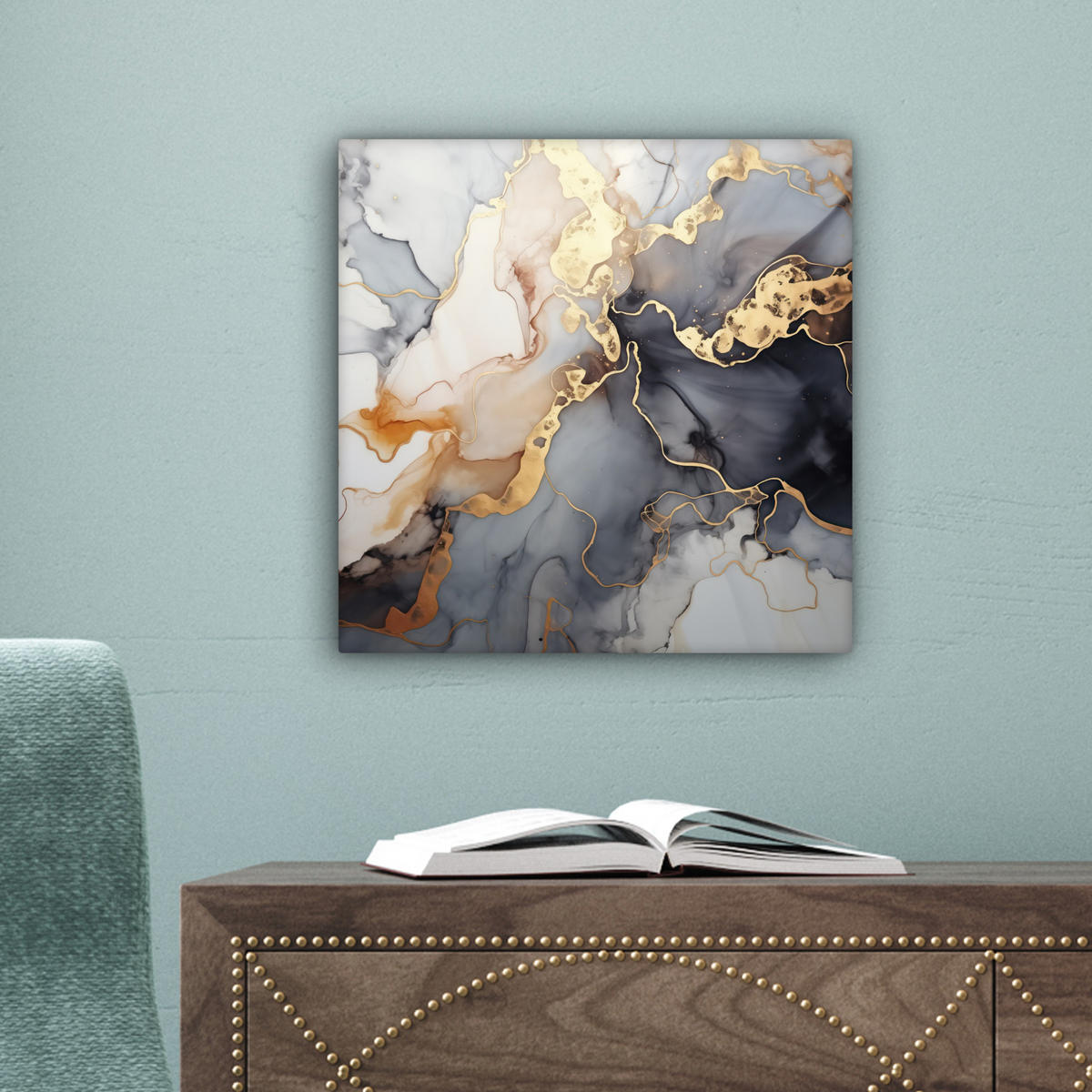 LEINWANDBILD Marmor - Schwarz - Gold - Weiß Deko Wohnzimmer 20x20 cm - Dunkelgrau, Textil (20/20cm) - MuchoWow