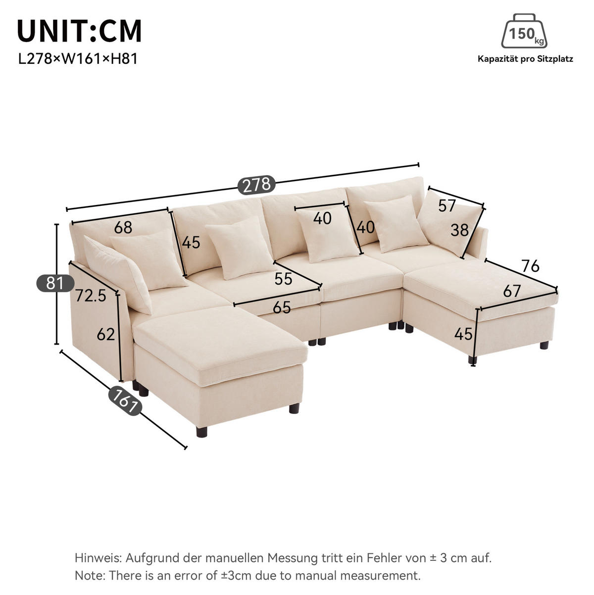 SOFA modular 278 x 161 cm Chenille Beige 3-tlg. mit 2 Hockern und 6 Kissen - Beige, Textil (161/81/278cm) - Meubliv