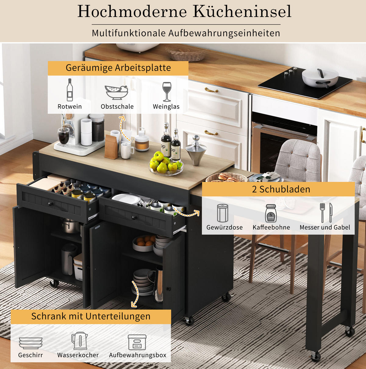 KÜCHENINSEL 112-180,5/45/92,2 cm schwarz/natur ausziehbar - Schwarz, Holzwerkstoff (180.5/92.2/45cm) - OKWISH