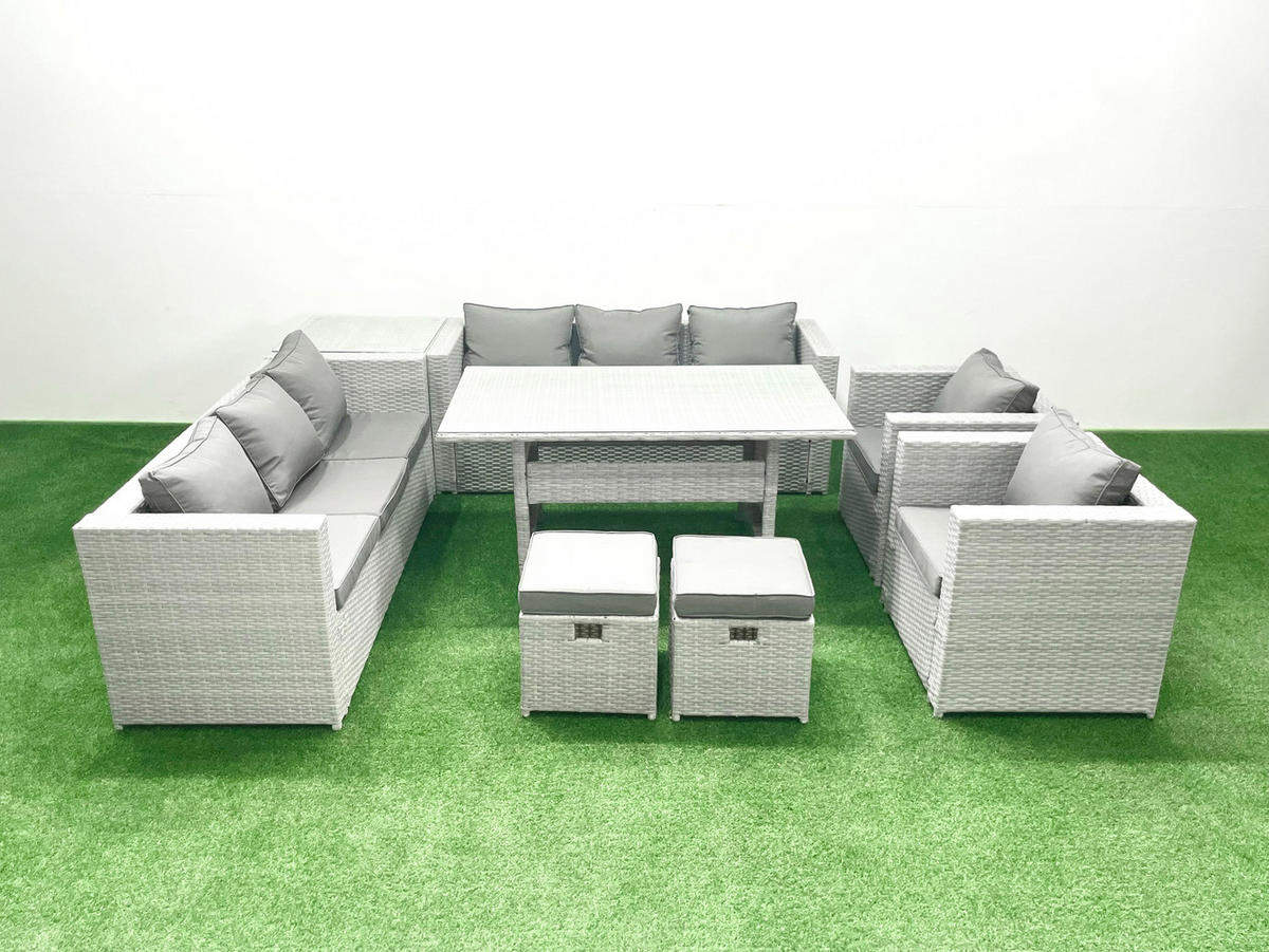 GARTENMÖBEL SET mit 3-Sitzer-Sofa und 2 Stühle, Esstisch,2 Hockern,Beistelltisch Polyrattan Hellgrau 10-Sitzer - Hellgrau/Grau, Glas/Kunststoff - Fimous