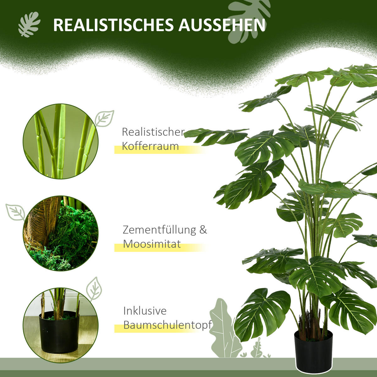 KÜNSTLICHE Pflanzen, Kunst Monstera Deliciosa, 180 cm Kunstpflanze mit Topf - Grün, Kunststoff (180cm) - HOMCOM