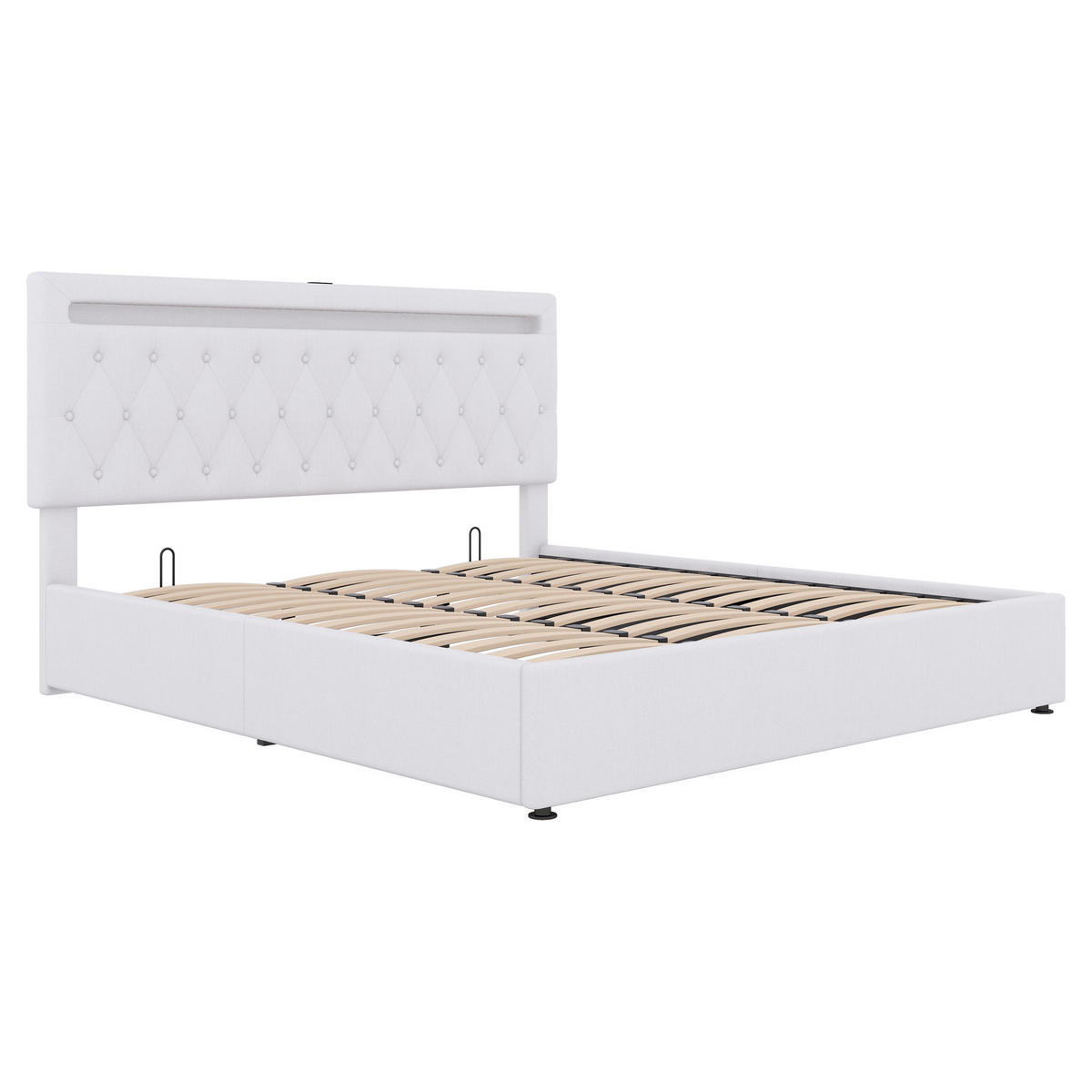 POLSTERBETT aus Leinen 180x200 cm in Weiß mit LED, USB-C & Stauraum - Weiß, Textil (180/200cm) - Modfu