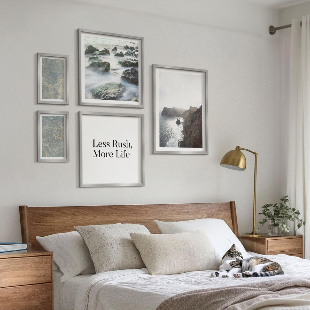 WANDBILDER 5er Set - 50x50 cm & 20x30 cm & 40x60 cm Silberner Rahmen - Grüner Marmor Melancholie - Silberfarben, Kunststoff (40/60cm) - ArtPrintCave