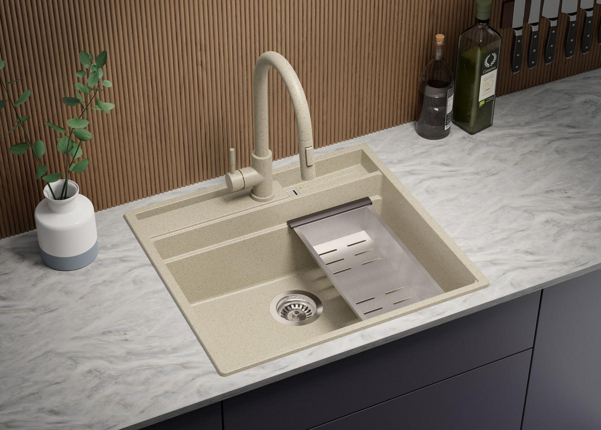 SPÜLBECKEN Oslo Pocket, 2-er set Beige 58/53 cm 1 Becken + Ablauf-Set + Küchenzubehörset ab 60er Unterschrank - Chromfarben/Beige, Kunststoff (58/20/53cm) - Primagran