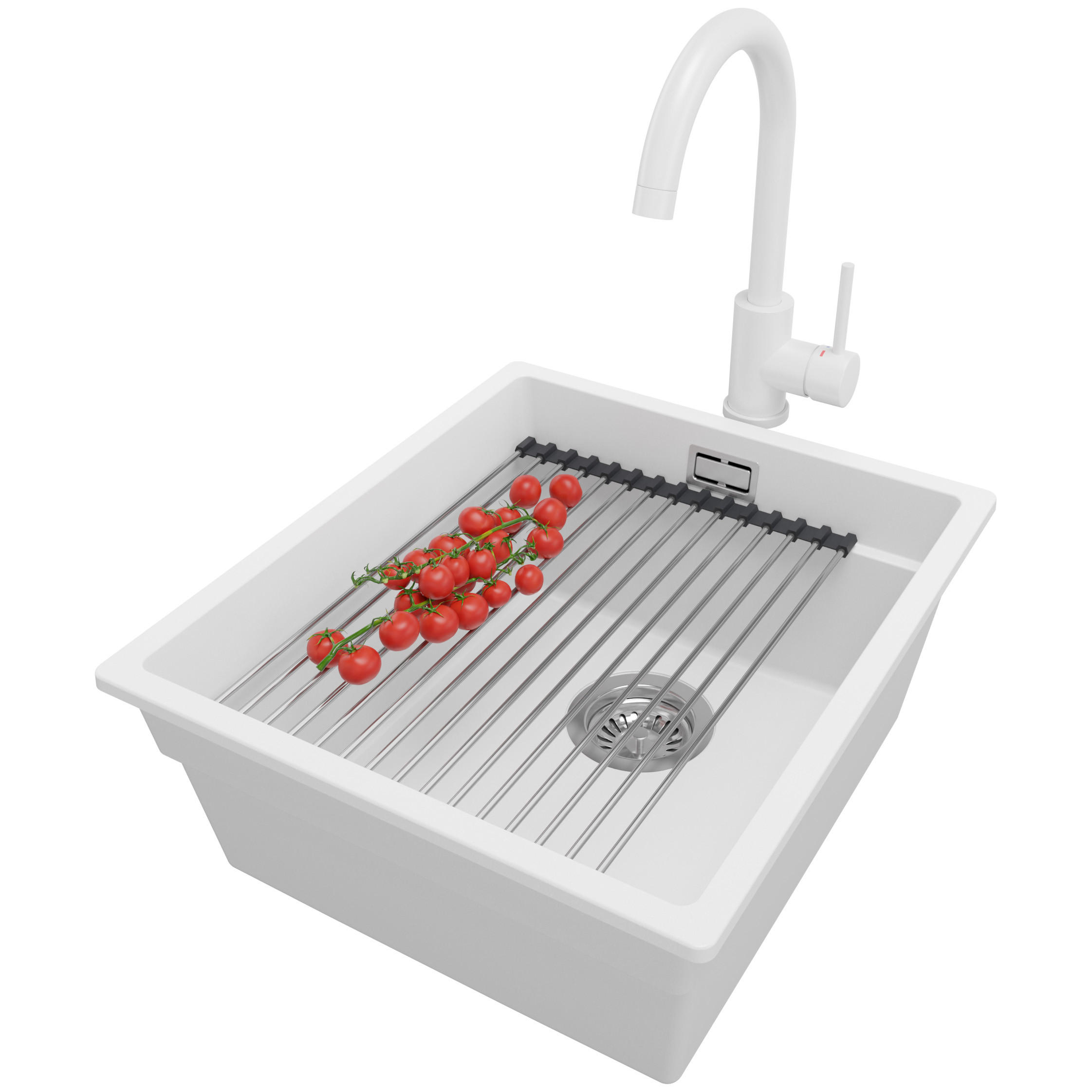 GRANITSPÜLE Praga Slim, 2-er set Weiß 41/47 cm 1 Becken + Küchenarmatur 32/20 cm + Ablauf-Set + Aufrollbare Abtropffläche ab 45er Unterschrank - Chromfarben/Weiß, Kunststoff (41/20/47cm) - Primagran