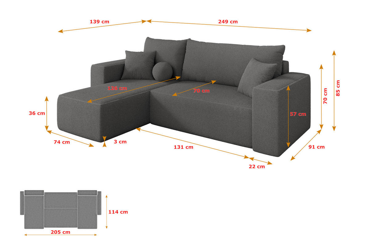 ROHOVÁ SEDAČKA s funkcí spaní, otoman vlevo SENO-L 249x139x85 šedá bouclé - šedá/černá, kompozitní dřevo/textil (249/139cm) - ALTDECOR