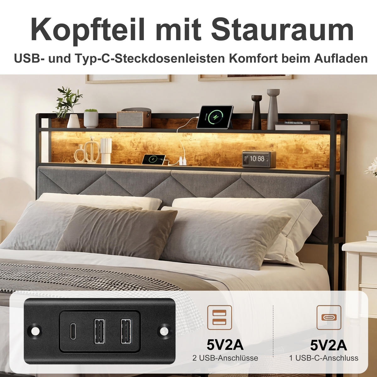 METALLBETT 140x200 cm mit LED, USB & Ablage, Grau - Grau, Metall (140/200cm) - EuroLiving