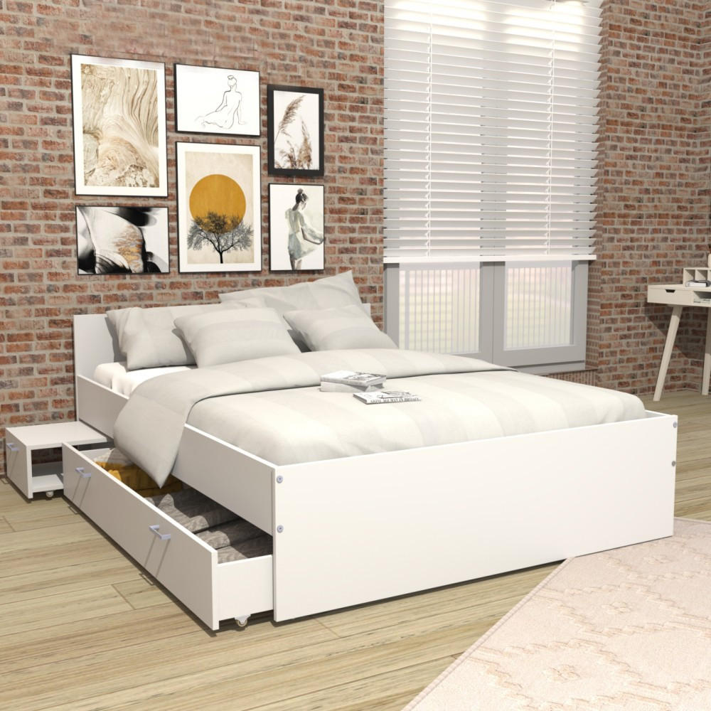 BETT TWIST mit Nachttisch und Schublade/ Bett 140x190 - Weiß - Weiß, Holzwerkstoff (140/190cm) - Weber Industries