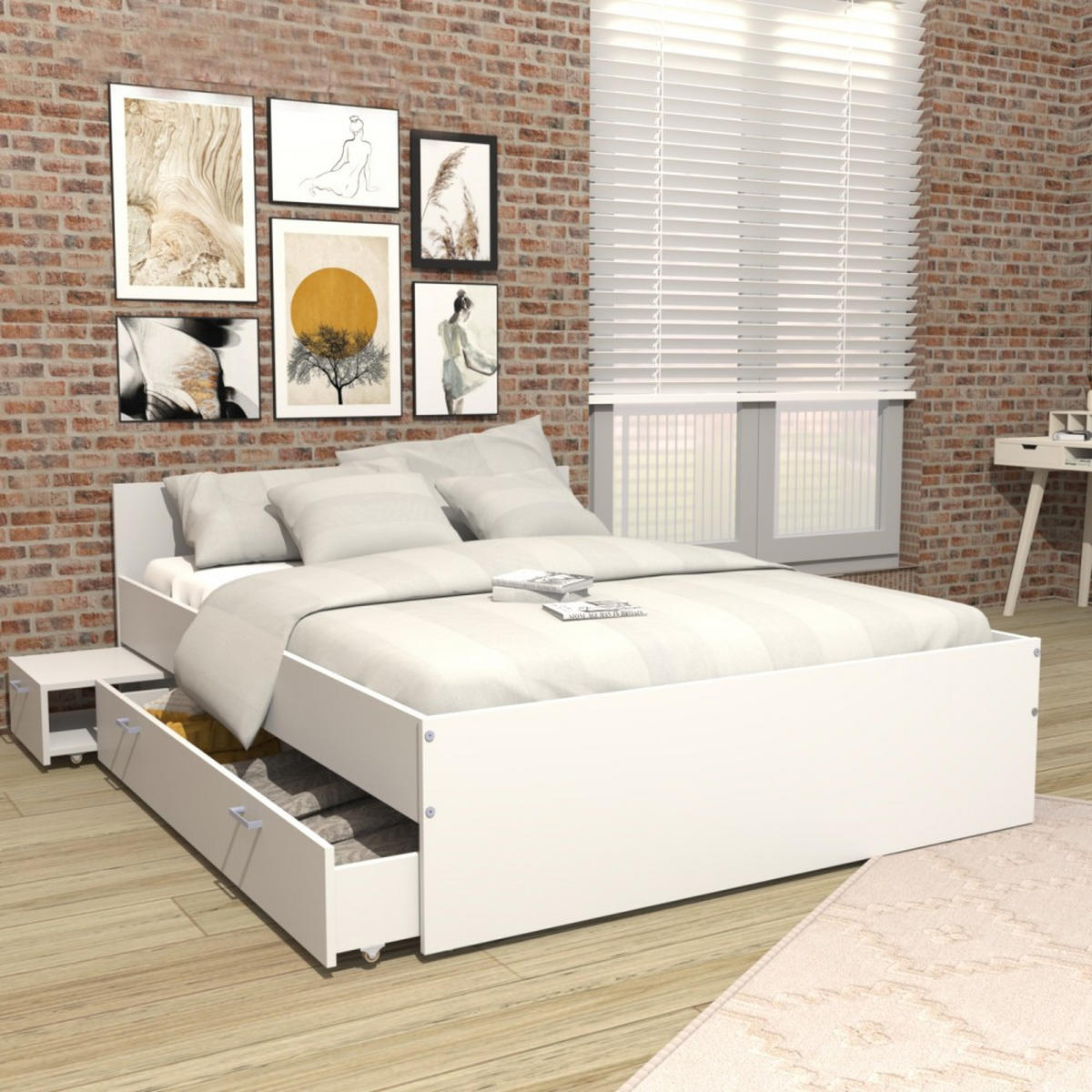 BETT TWIST mit Nachttisch und Schublade/ Bett 140x190 - Weiß - Weiß, Holzwerkstoff (140/190cm) - Weber Industries