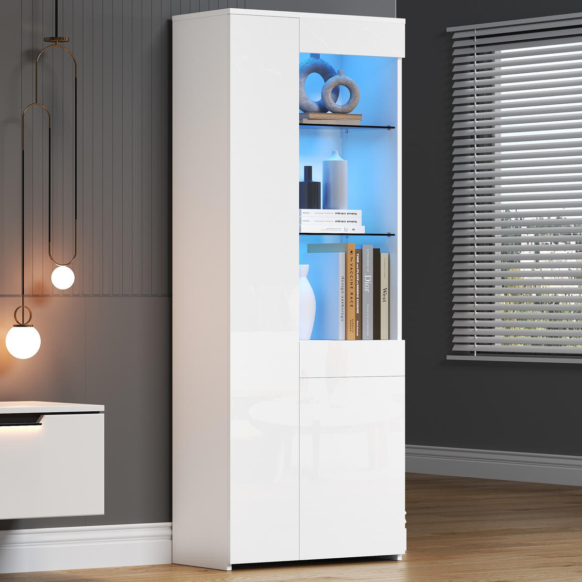 VITRINE 70/35/180 cm weiß aus Spanplatte mit LED und Schublade - Weiß, Holzwerkstoff (70/180/35cm) - OKWISH