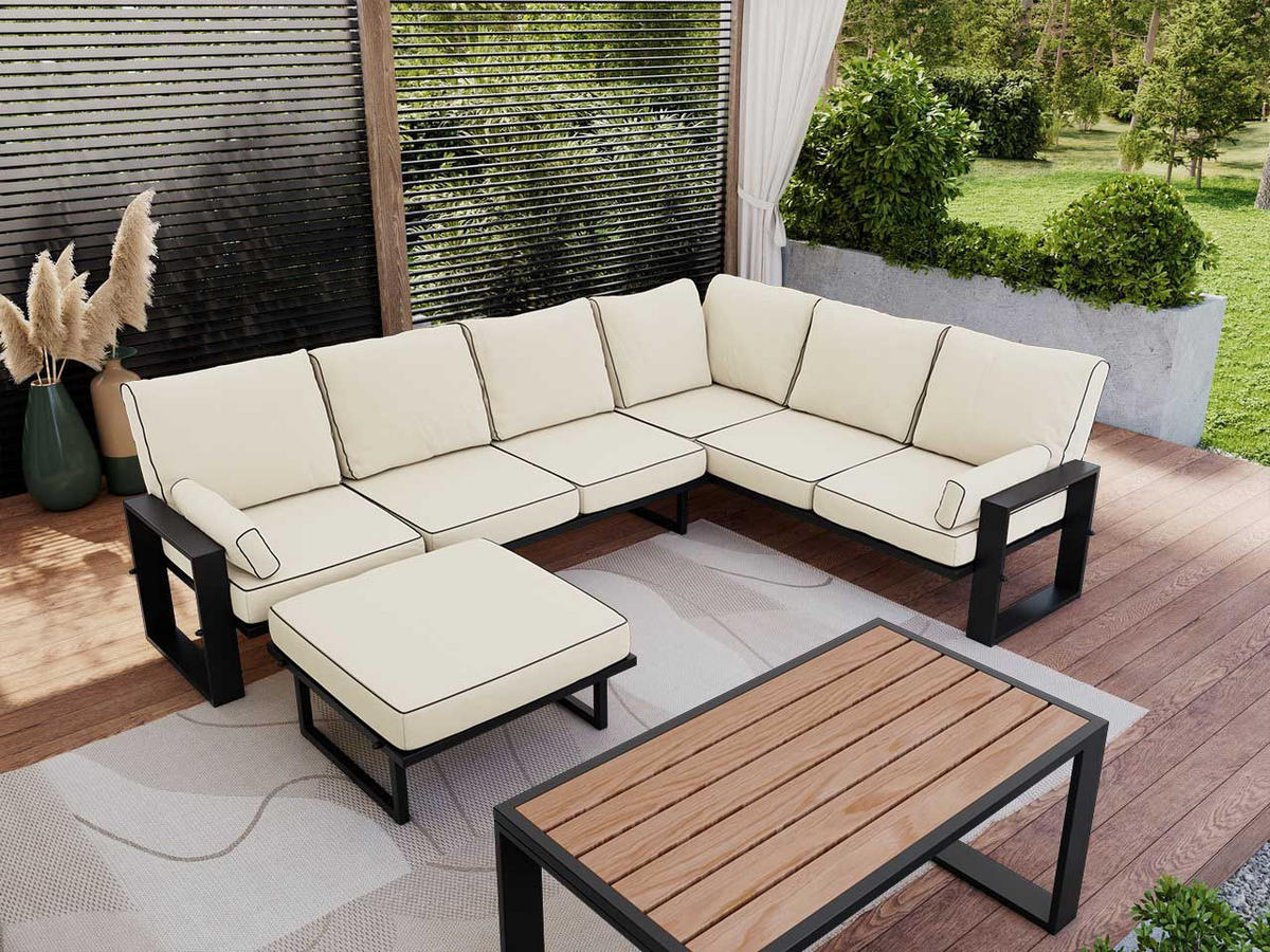 GARTENMÖBEL-SET ELBA:  1x Tisch, 1x Ecksofa, 1x Hocker - Beige - Beige, Textil - MKS