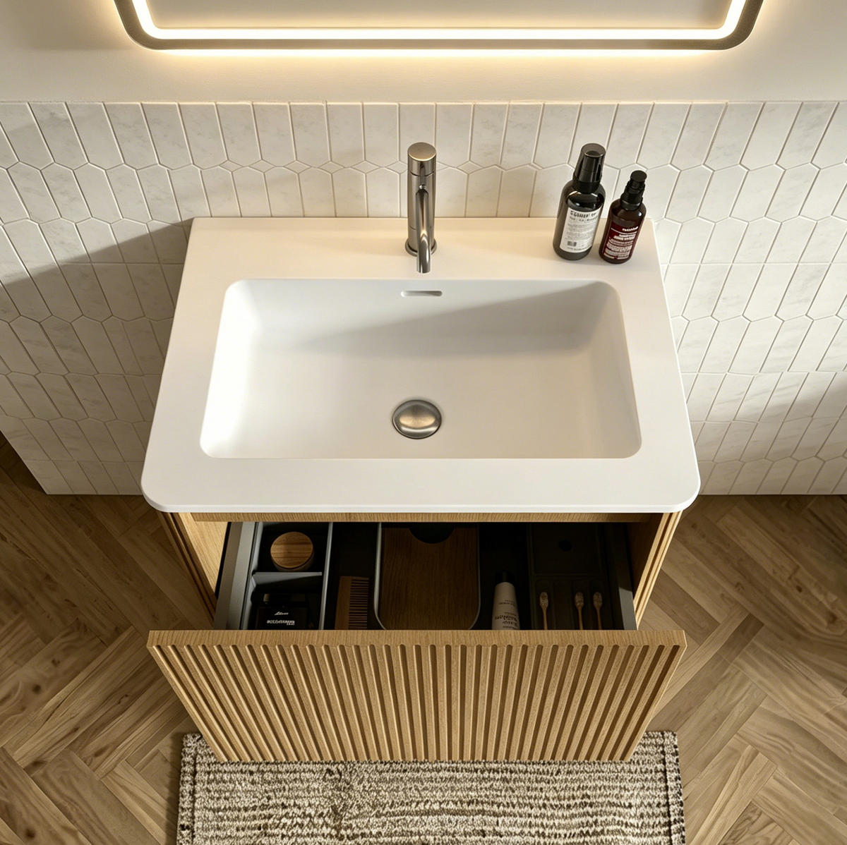 WASCHBECKEN mit Unterschrank aus MDF/Sperrholz 61x46x37 cm mit Solid Surface 60 cm Eiche, wandhängend, mit Push-to-Open-Schubladen - Eichefarben, Holzwerkstoff (61/37/46.5cm) - Modfu
