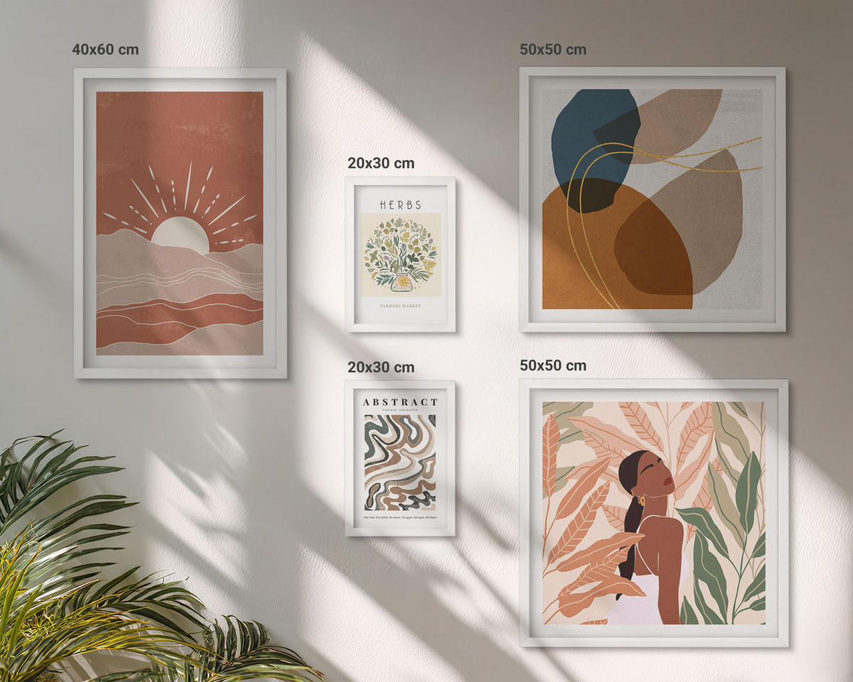 BILDER SET 5er Set - 50x50 cm & 20x30 cm & 40x60 cm Weißer Rahmen - Boho-Ästhetik, Pastellposter - Weiß, Kunststoff (40/60cm) - TULUP