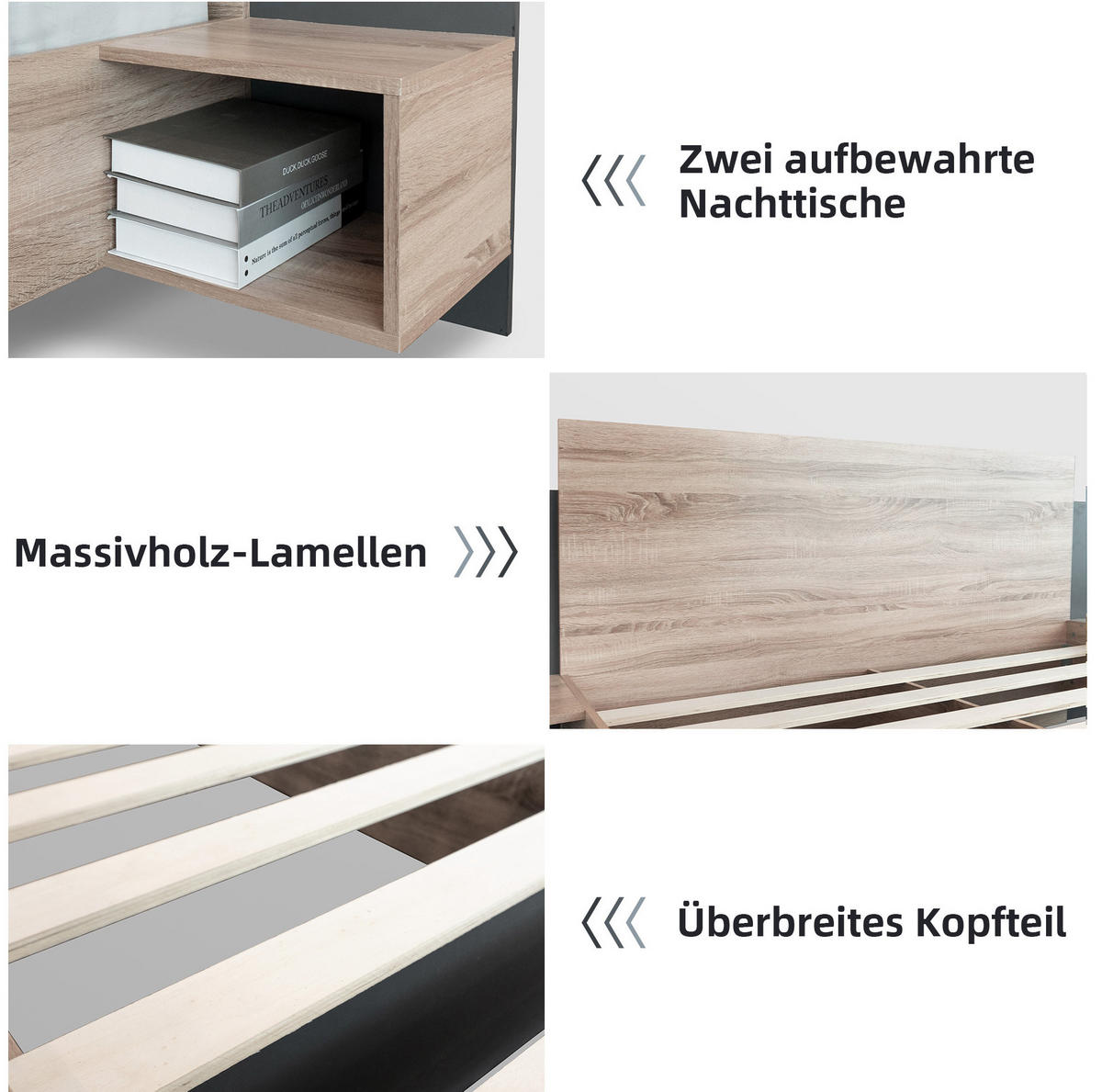 POLSTERBETT 160/200 cm Sonoma-Eiche/Dunkelgrau aus Massivholz mit 2 Nachtkommoden 3er Set - Dunkelgrau, Holz (160/200cm) - OKMYHOME