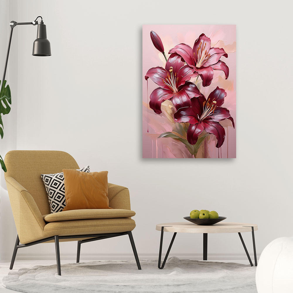 LEINWANDBILD Lilienblume Burgunderrot bemalt 40x60cm - Lila, Textil (40/60cm) - Feeby