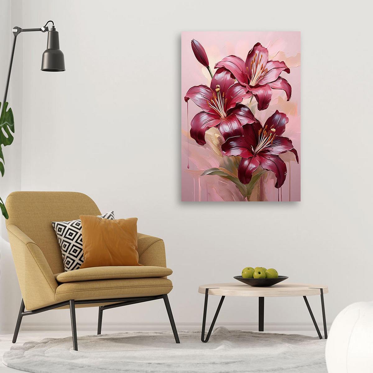 LEINWANDBILD Lilienblume Burgunderrot bemalt 40x60cm - Lila, Textil (40/60cm) - Feeby